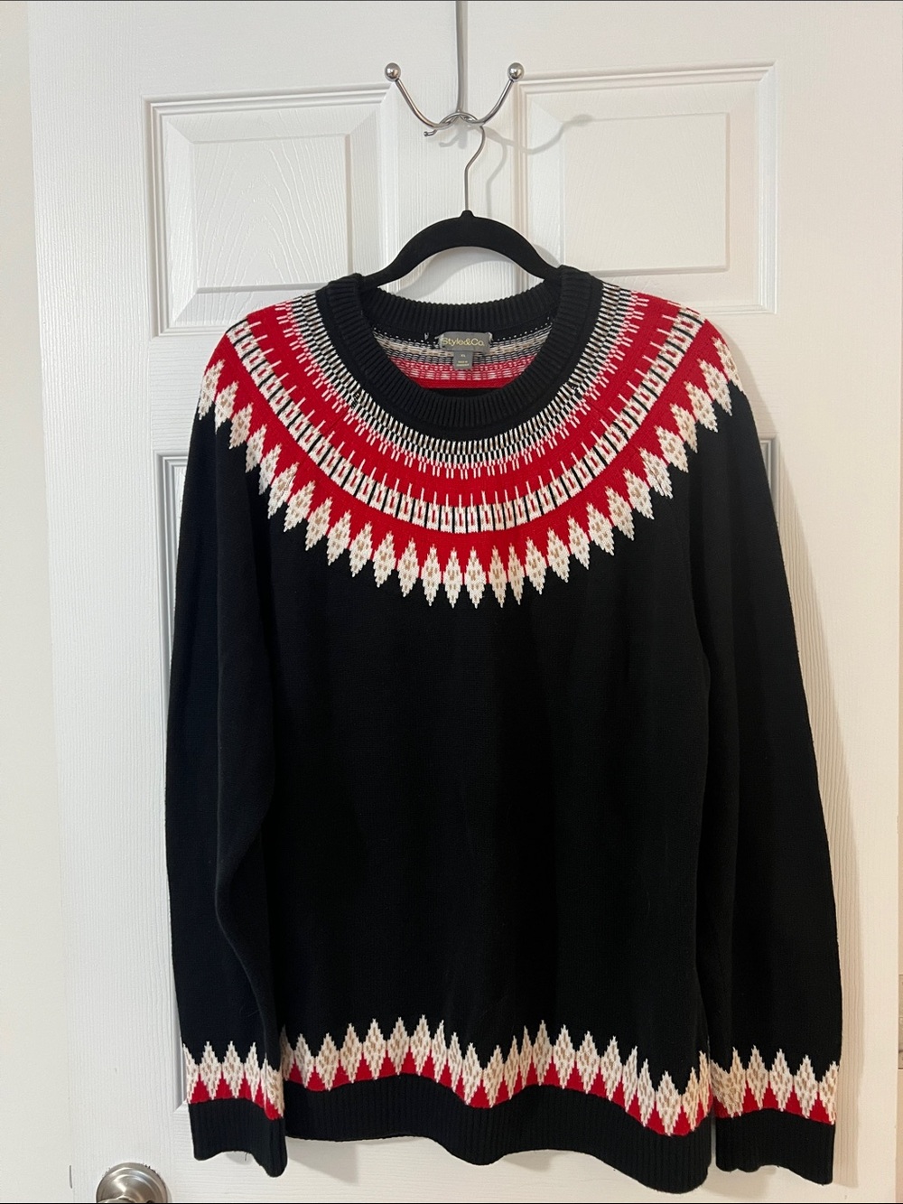 Style & Co. Black Crewneck Sweater with Red & White Fair Isle Yoke